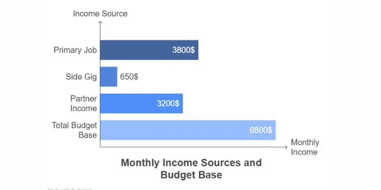 Bar chart showing monthly income sources including primary job, side gig, and partner income