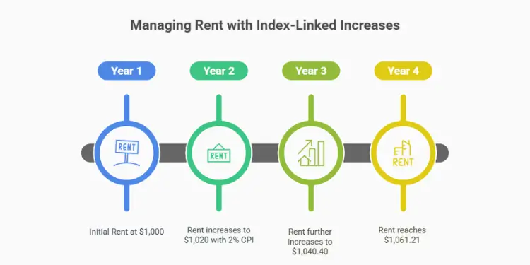 Infographic timeline depicting yearly rent increases from \$1,000 to \$1,061.21 at 2% CPI.