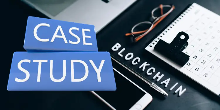 Graphic labeled “CASE BLOCKCHAIN STUDY” highlighting history insights.