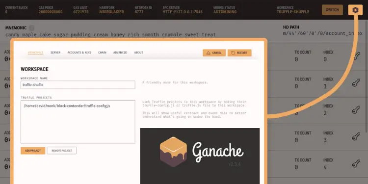Screenshot of Ganache workspace settings dialog with workspace name field, project paths, and controls.