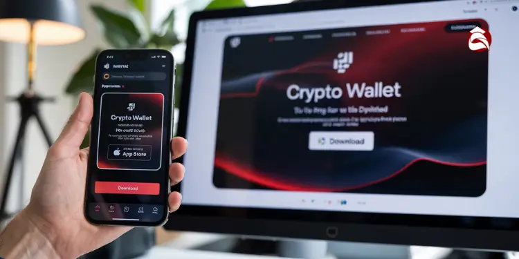 Hand holding phone with crypto wallet download next to monitor