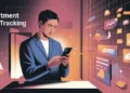 Illustration of user holding phone surrounded by floating investment charts and icons.