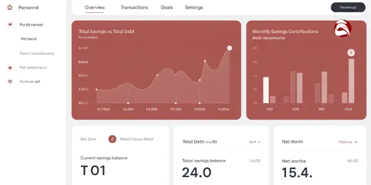 Savings and debt dashboard with trend lines and bar charts