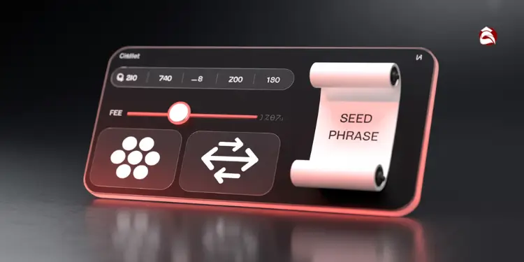 Crypto UI panel with seed phrase scroll, fee slider, and transfer icons