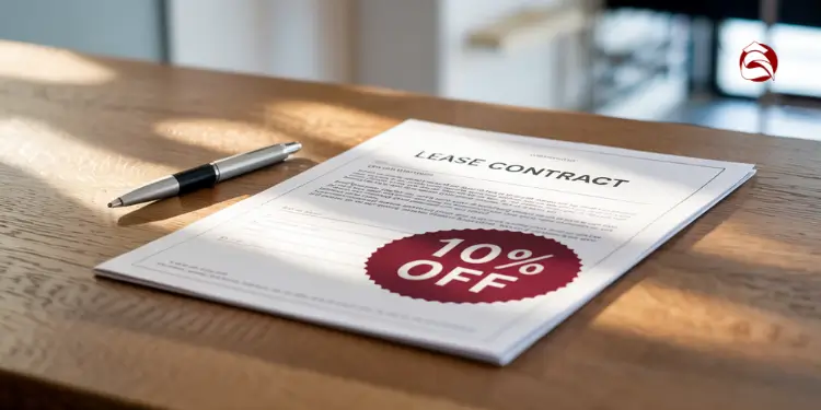 Lease contract with 10% off sticker on wooden table