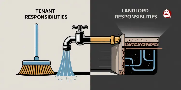 Split graphic of tenant and landlord repair responsibilities with faucet and pipes