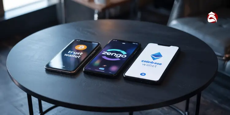 Three phones showing Trust Wallet, Zengo, and Coinbase Wallet apps