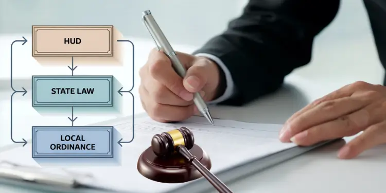 Hand writing with interconnected law boxes and gavel representing legal authority.