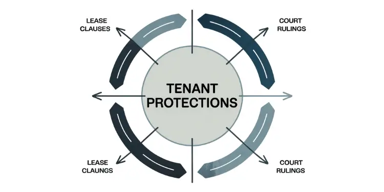 Circular chart labeled Tenant Protections with arrows to lease clauses and court rulings.