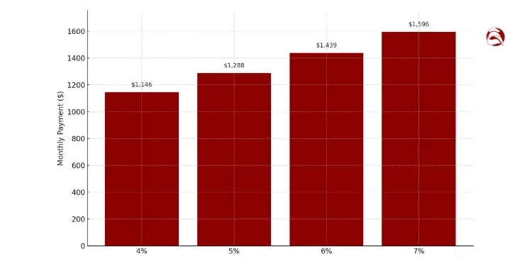 Monthly mortgage payments from 4% to 7% interest rates in bar chart format