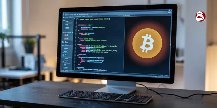 Desktop screen with Bitcoin code and icon for Linux wallet development