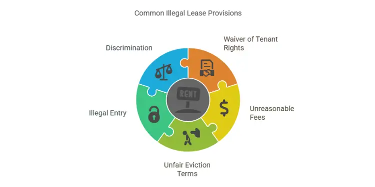 Circular graphic labeled discrimination, tenant rights waiver, unreasonable fees, eviction terms, illegal entry.