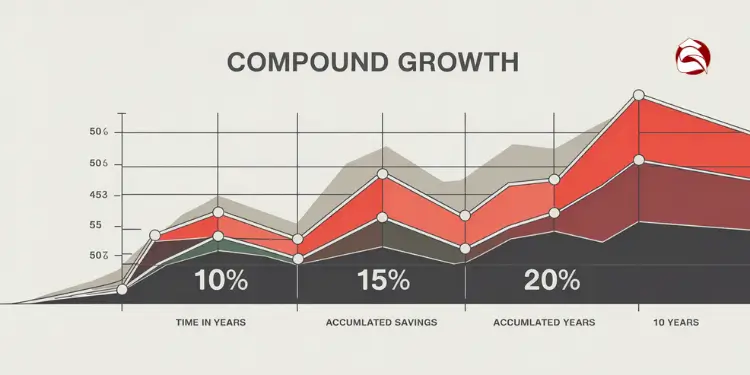 Line graph showing compound growth at 10%, 15%, and 20% over 10 years