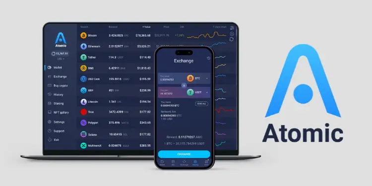 Desktop and mobile views of Atomic Wallet’s interface next to the Atomic logo, illustrating cryptocurrency portfolio and swap features.