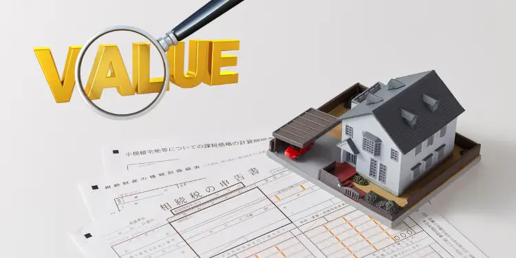 Magnifying glass focuses on VALUE word with miniature house and papers.
