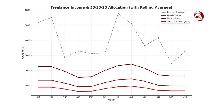 Line chart showing monthly freelance income and 50/30/20 allocation