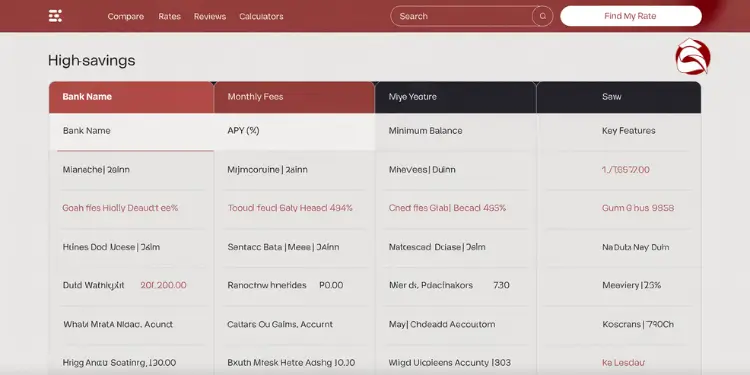 Comparison table of high-yield savings accounts with APY, fees, and features