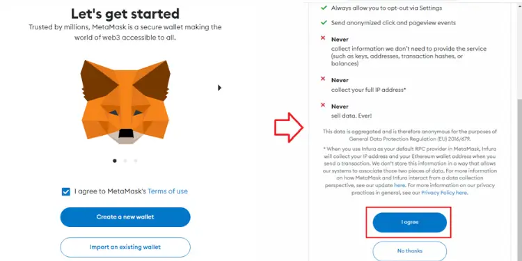 MetaMask “Let’s get started” page with fox icon, terms checkbox, and Create new wallet button.