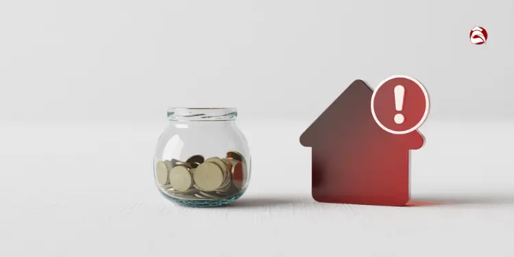 Savings jar beside red house icon with exclamation mark