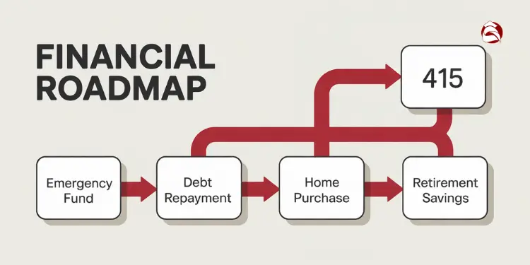 Financial roadmap flowchart with stages from emergency fund to retirement savings