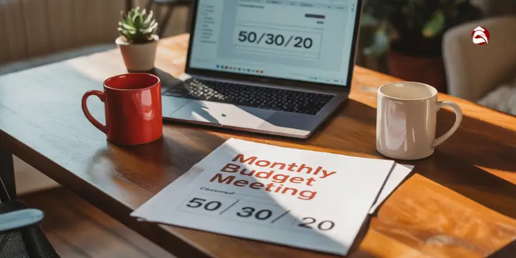 Table with coffee mugs, laptop, and 50/30/20 budget printout