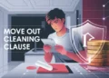 Illustration of tenant reading lease, shield icon protecting security deposit funds