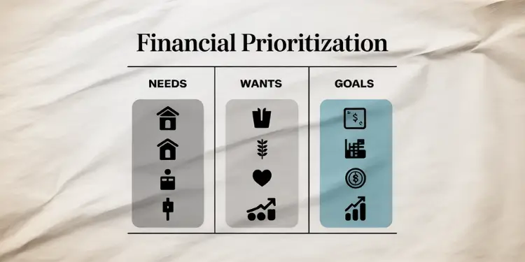 Illustration of a financial prioritization chart with needs, wants and goals icons.