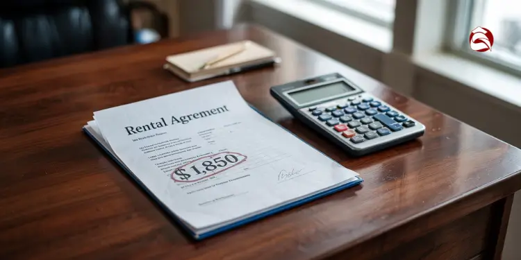 Rental agreement on desk with $1,850 circled, calculator beside it