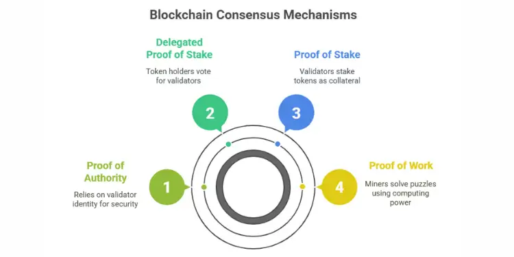 Blockchain consensus mechanisms diagram with four types