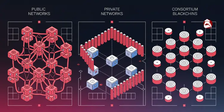 Diagram showing public, private, and consortium blockchain network types