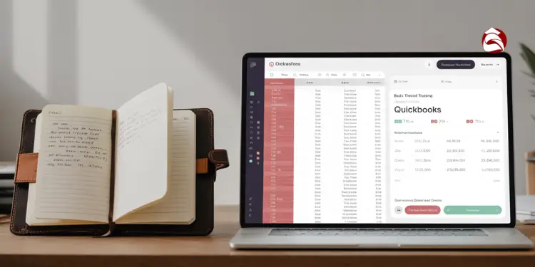 Open notebook and laptop with financial spreadsheet side by side on a desk