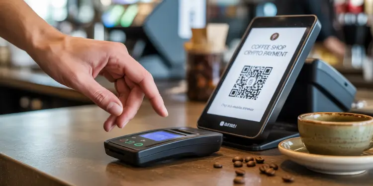 Hand operating terminal to scan a crypto payment QR code at a café counter.