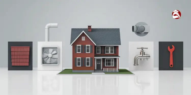 Model house with icons for plumbing, roof, and repairs