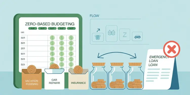 Budget flow into labeled sinking fund jars cancels need for emergency loan.