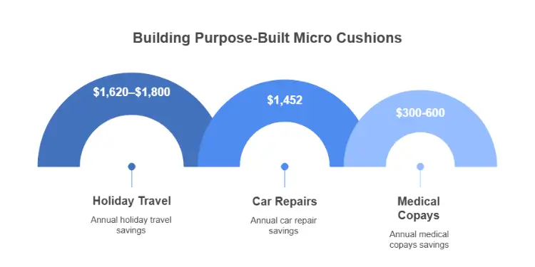Chart with arches illustrating annual savings targets for Holiday Travel, Car Repairs, Medical Copays