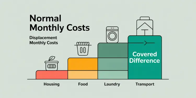Chart showing normal vs displaced monthly costs for housing, food, laundry and transport.