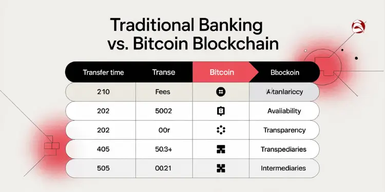 Table comparing traditional banking vs. Bitcoin blockchain