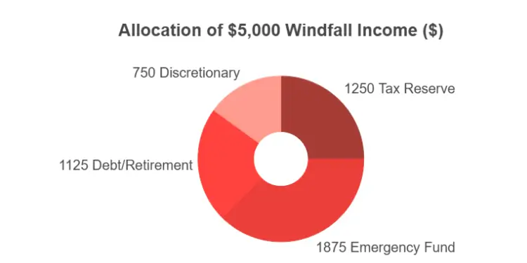 Allocation chart of $5,000 windfall income across four spending categories.