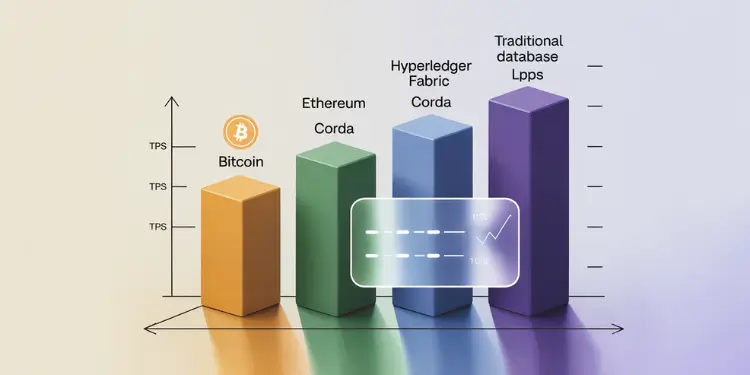 Colored 3D bars for Bitcoin, Ethereum, Hyperledger Fabric, Corda, and traditional database TPS metrics.