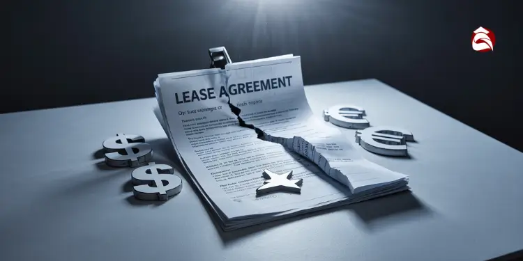 Torn lease agreement with dollar, euro, and star symbols on a table