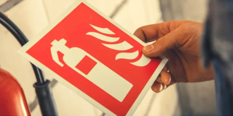 Close-up of hand holding red fire extinguisher sign with white flame icon.