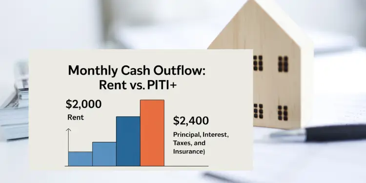 Bar chart compares \$2,000 rent to \$2,400 PITI+ homeowner cost.