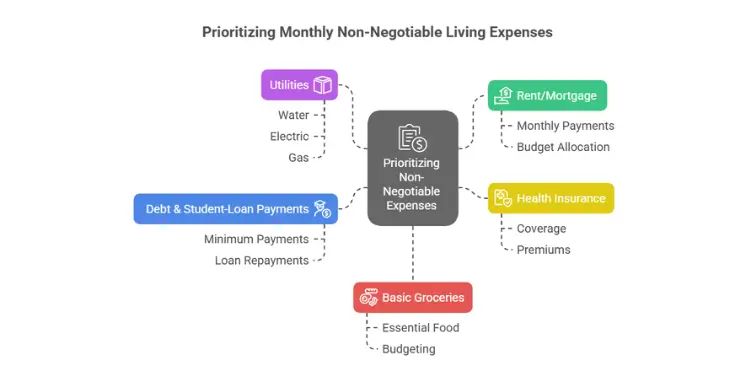 Flowchart showing key non-negotiable expense categories: rent, utilities, insurance, debt, groceries