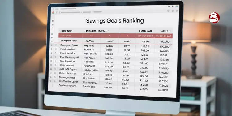 Savings goals ranked by urgency, financial impact, emotion, and value on desktop screen