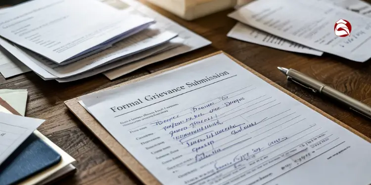 Grievance form on clipboard with papers and pen on desk