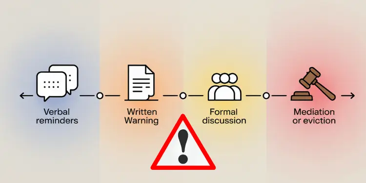 Diagram showing steps from verbal reminder to written warning, discussion, and eviction.