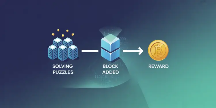 Proof-of-Work mining process solving cryptographic puzzle