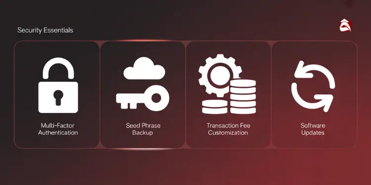 Icons for multi-factor authentication, seed phrase backup, fees, and updates