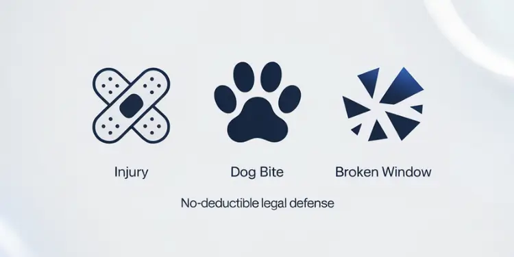 Three icons labeled Injury, Dog Bite, and Broken Window indicating no-deductible liability protection.