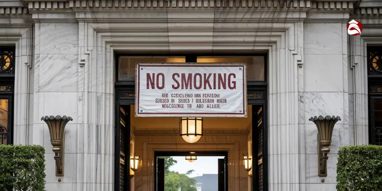 No smoking sign on building entrance with decorative columns